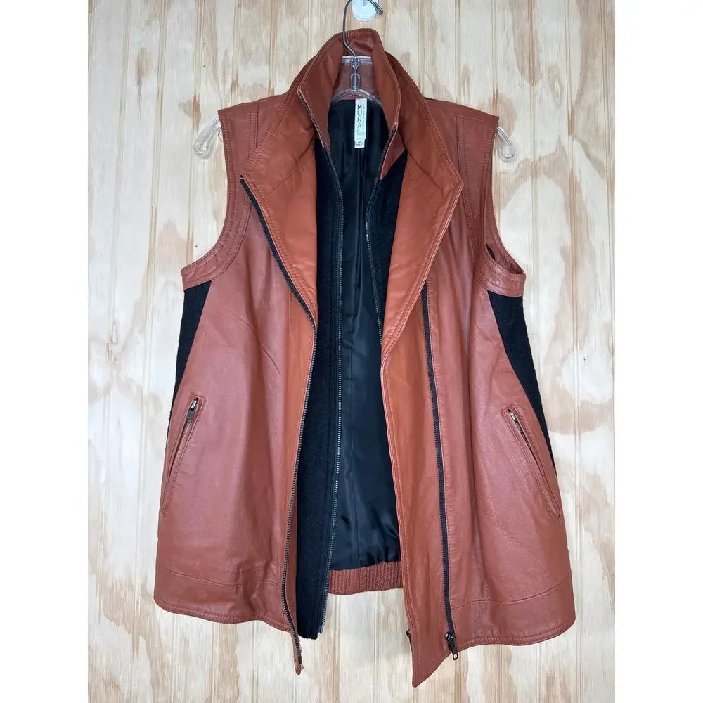 Mural Leather Moto Biker Vests Brown Black Zips Front Stretch Back Womens Medium - Picture 5 of 11